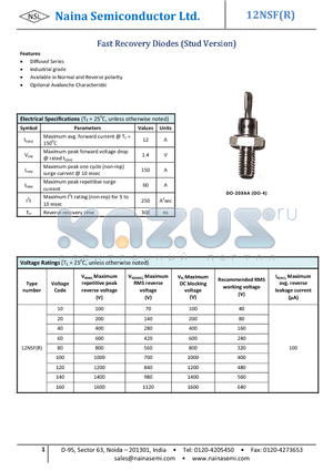 12NSF datasheet - Fast Recovery Diodes (Stud Version)