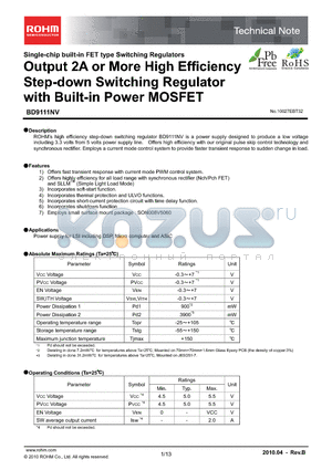 BD9111NV-E2 datasheet - Output 2A or More High Efficiency Step-down Switching Regulator with Built-in Power MOSFET