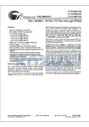 CY7C1481V33-100BGC datasheet - 2M x 36/4M x 18/1M x 72 Flow-through SRAM