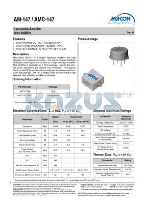 AMC-147 datasheet - Cascadable Amplifier 10 to 500MHz