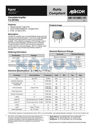 AMC-151-SMA datasheet - Cascadable Amplifier 5 to 500 MHz