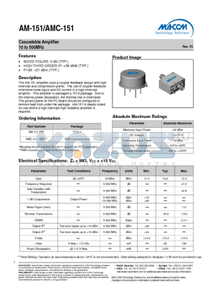 AMC-151-SMA datasheet - Cascadable Amplifier 10 to 500MHz