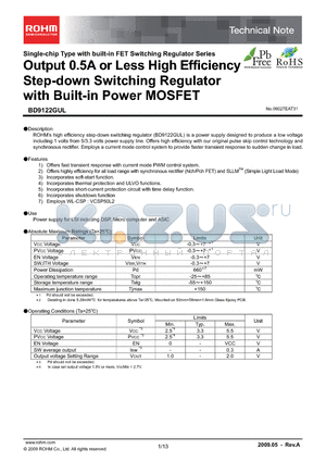 BD9122GUL datasheet - Output 0.5A or Less High Efficiency Step-down Switching Regulator with Built-in Power MOSFET