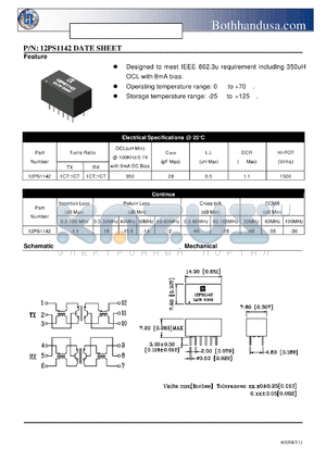 12PS1142 datasheet - SINGLE 10/100 BASE-TX LAN MAGNETIC