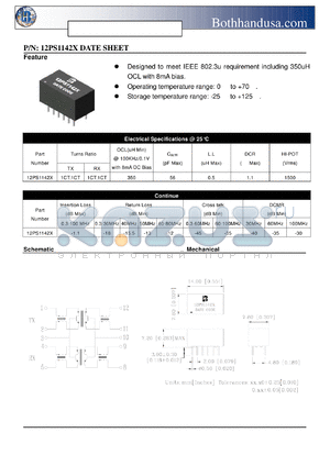 12PS1142X datasheet - SINGLE 10/100 BASE-TX LAN MAGNETIC