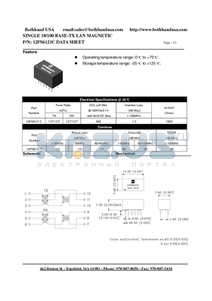 12PS6121C datasheet - SINGLE 10/100 BASE-TX LAN MAGNETIC