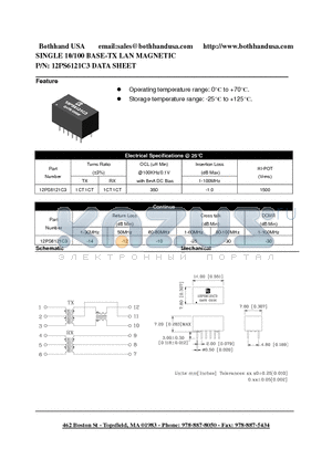 12PS6121C3 datasheet - SINGLE 10/100 BASE-TX LAN MAGNETIC