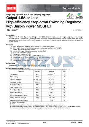 BD9123MUV-E2 datasheet - Output 1.5A or Less High-efficiency Step-down Switching Regulator with Built-in Power MOSFET