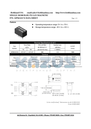 12PS6121CX datasheet - SINGLE 10/100 BASE-TX LAN MAGNETIC