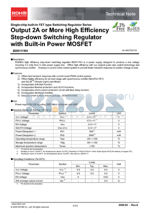 BD9111NV datasheet - Output 2A or More High Efficiency Step-down Switching Regulator with Built-in Power MOSFET
