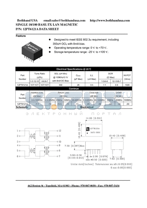 12PT6121A datasheet - SINGLE 10/100 BASE-TX LAN MAGNETIC