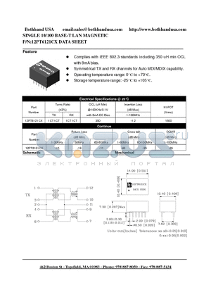 12PT6121CX datasheet - SINGLE 10/100 BASE-T LAN MAGNETIC