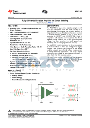 AMC1100 datasheet - Fully-Differential Isolation Amplifier for Energy Metering