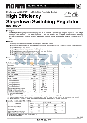 BD9137MUV datasheet - High Efficiency Step-down Switching Regulator