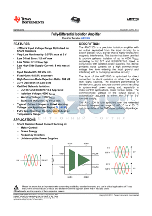AMC1200 datasheet - Fully-Differential Isolation Amplifier Low Offset Error: 1.5 mV max