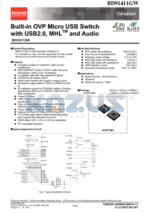 BD91411GW-E2 datasheet - Built-in OVP Micro USB Switch with USB2.0, MHLTM and Audio
