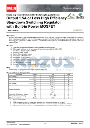 BD9150MUV datasheet - Output 1.5A or Less High Efficiency Step-down Switching Regulator with Built-in Power MOSFET