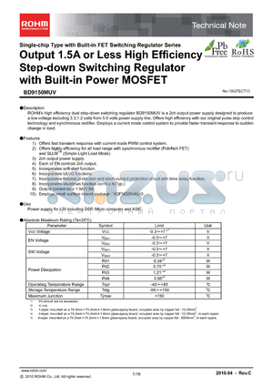 BD9150MUV_10 datasheet - Output 1.5A or Less High Efficiency Step-down Switching Regulator with Built-in Power MOSFET