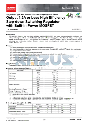 BD9151MUV-E2 datasheet - Output 1.5A or Less High Efficiency Step-down Switching Regulator with Built-in Power MOSFET