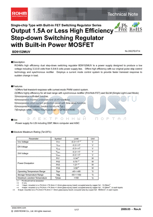 BD9152MUV datasheet - Output 1.5A or Less High Efficiency Step-down Switching Regulator with Built-in Power MOSFET