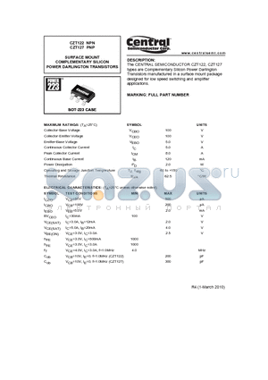 CZT127 datasheet - SURFACE MOUNT COMPLEMENTARY SILICON POWER DARLINGTON TRANSISTORS