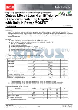 BD9152MUV datasheet - Output 1.5A or Less High Efficiency Step-down Switching Regulator with Built-in Power MOSFET