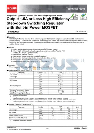 BD9152MUV_10 datasheet - Output 1.5A or Less High Efficiency Step-down Switching Regulator with Built-in Power MOSFET