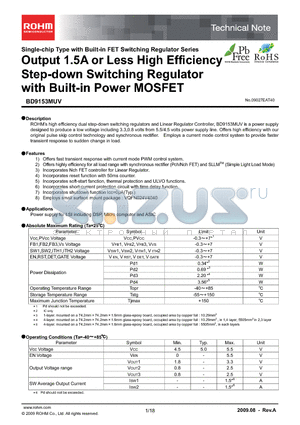 BD9153MUV datasheet - Output 1.5A or Less High Efficiency Step-down Switching Regulator with Built-in Power MOSFET