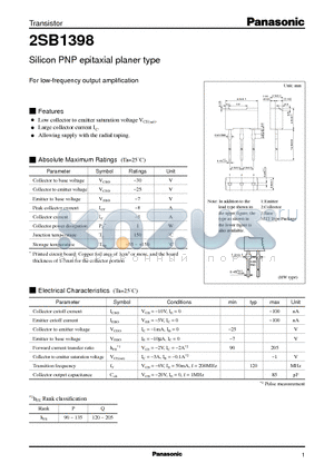 2SB1398 datasheet - Silicon PNP epitaxial planer type(For low-frequency output amplification)