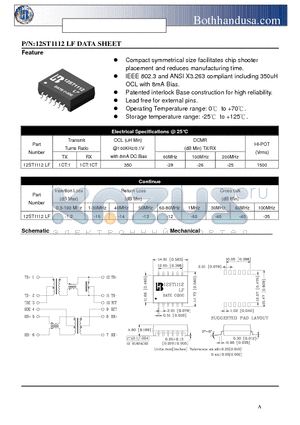 12ST1112-LF datasheet - 10/100 BASE-T SINGLE PORT TRANSFOMER