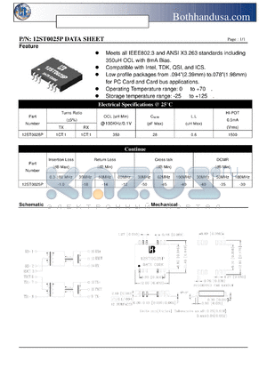 12ST0025P datasheet - 10/100 PC CARD LAN MAGNETICS