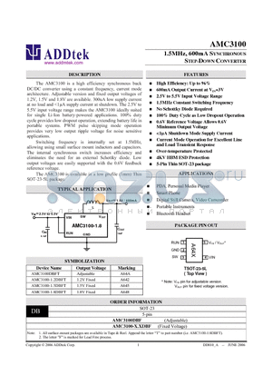 AMC3100-1.8DBFT datasheet - 1.5MHz, 600mA SYNCHRONOUS STEP-DOWN CONVERTER