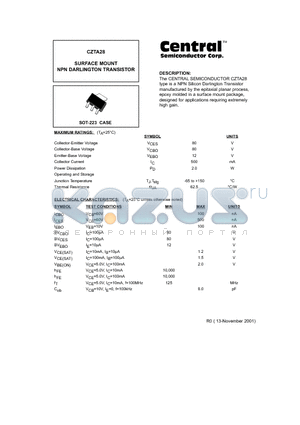 CZTA28 datasheet - SURFACE MOUNT NPN DARLINGTON TRANSISTOR