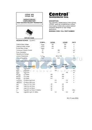 CZTA42 datasheet - SURFACE MOUNT COMPLEMENTARY HIGH VOLTAGE SILICON TRANSISTOR