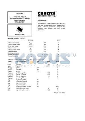 CZTA44HC datasheet - SURFACE MOUNT NPN SILICON HIGH CURRENT HIGH VOLTAGE  TRANSISTOR