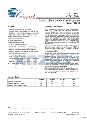 CY7C1484V33-250BZC datasheet - 72-Mbit (2M x 36/4M x 18) Pipelined DCD Sync SRAM