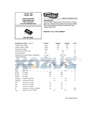 CZTA42_10 datasheet - SURFACE MOUNT COMPLEMENTARY HIGH VOLTAGE SILICON TRANSISTORS