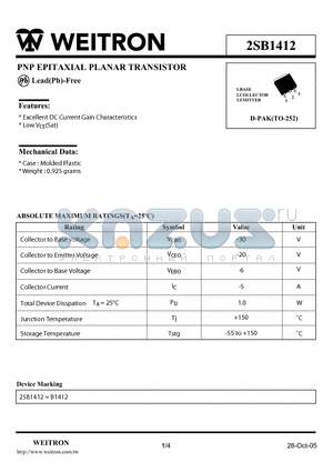 2SB1412 datasheet - PNP EPITAXIAL PLANAR TRANSISTOR