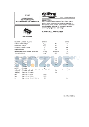 CZTA27_10 datasheet - SURFACE MOUNT HIGH VOLTAGE NPN SILICON DARLINGTON TRANSISTOR