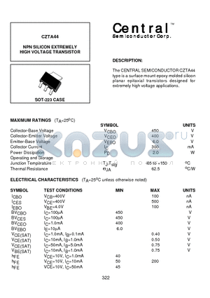 CZTA44 datasheet - NPN SILICON EXTREMELY HIGH VOLTAGE TRANSISTOR