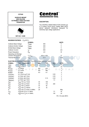 CZTA46 datasheet - SURFACE MOUNT NPN SILICON EXTREMELY HIGH VOLTAGE TRANSISTOR