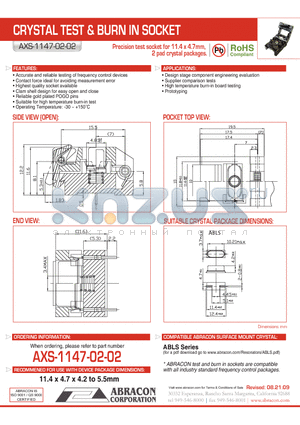 AXS-1147-02-02 datasheet - CRYSTAL TEST & BURN IN SOCKET