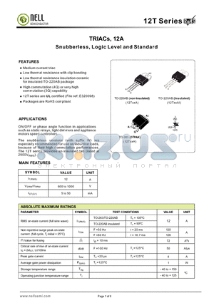 12T06H-SW datasheet - TRIACs, 12A Snubberless, Logic Level and Standard