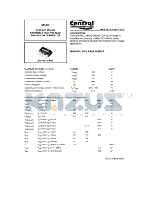CZTA46_10 datasheet - SURFACE MOUNT EXTREMELY HIGH VOLTAGE NPN SILICON TRANSISTOR