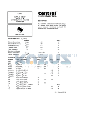 CZTA96 datasheet - SURFACE MOUNT PNP SILICON EXTREMELY HIGH VOLTAGE  TRANSISTOR