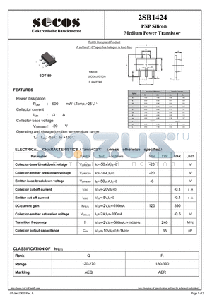2SB1424 datasheet - PNP Silicon Medium Power Transistor
