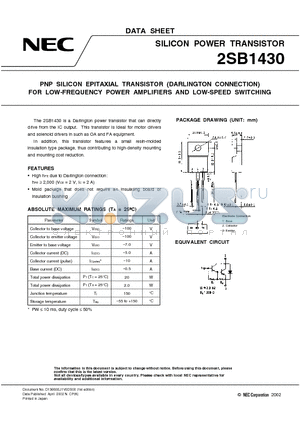 2SB1430 datasheet - PNP SILICON EPITAXIAL TRANSISTOR (DARLINGTON CONNECTION) FOR LOW-FREQUENCY POWER AMPLIFIERS AND LOW-SPEED SWITCHING