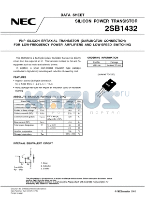 2SB1432 datasheet - PNP SILICON EPITAXIAL TRANSISTOR (DARLINGTON CONNECTION) FOR LOW-FREQUENCY POWER AMPLIFIERS AND LOW-SPEED SWITCHING