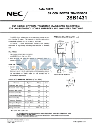 2SB1431 datasheet - PNP SILICON EPITAXIAL TRANSISTOR (DARLINGTON CONNECTION) FOR LOW-FREQUENCY POWER AMPLIFIERS AND LOW-SPEED SWITCHING