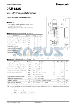 2SB1435 datasheet - Silicon PNP epitaxial planar type